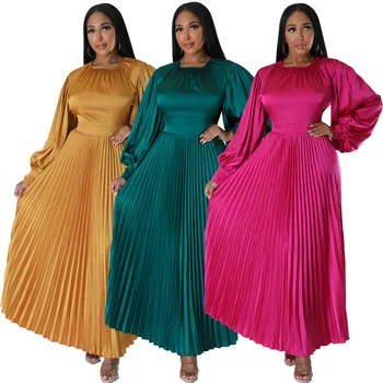 Sügisel Aafrika Naiste Pikad Varrukad O-kaeluse Tahked Värvi Polüester Plisseeritud Kleit Maxi Kleit Aafrika Kleidid Naistele S-2XL