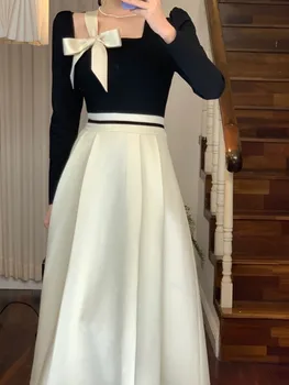 Uus Naiste Prantsusmaa Vintange Kleit Suvel Lady Pikad Varrukad Square Krae Vibu Elegantne Kleit Naine Segast Kõrge Vöökoht Office Kleit