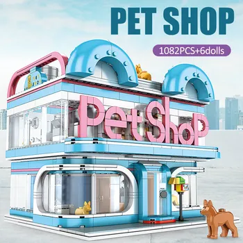 Pet Shop Maja ehitusplokid Linna Street View Loominguline Kass Koer Hooldus Kauplus DIY Mänguasjad Mini Tellised Laste Mänguasjad Lastele Kingitus