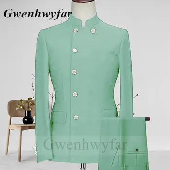 Gwenhwyfar eritellimusel tehtud Mint Roheline Meeste Ülikonnad Aafrika Stiilis Kostüüm Seista Krae Kuld Nupud Meeste Pintsak Püksid Vabaaja Rõivad