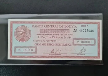 1984 Boliivia 100000 Peesot Originaal Märgib, UNC ( (Fuera De uso Ahora Kollektsiooni)