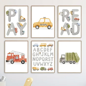 Tähestik Takso Tulekahju Veoauto Ja Bussi Engineering Sõiduki Hinnapakkumisi Seina Art Cartoon Plakatid, Prindid Kids Room Decor Põhjamaade Lõuendile Maali