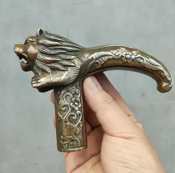 Hiina Vana Pronks Käsitsi Nikerdatud Lõvi Antiiksed Kujud Roo Walking Stick Pea