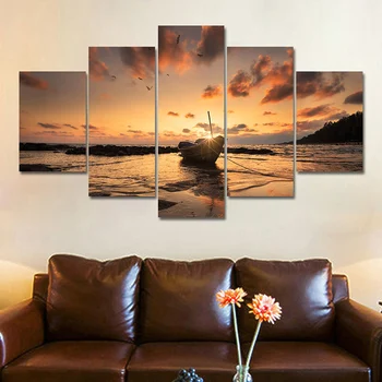 Paat Päikeseloojangut Seascape Vaadata 5 Tükki Printida Lõuendile Maali Maastik Plakatid Ja Seina Art Pilte Kodus, Elutuba, Tuba Decor