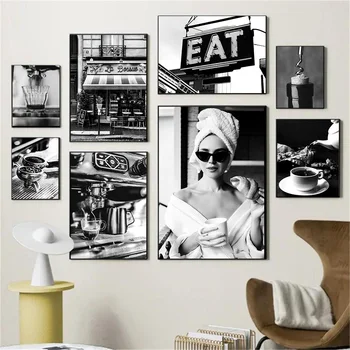 Köök Plakat Must Valge Tüdruk Kohvi Juua Toidu Lõuend Print Seina Art Maali Kaasaegne Pilt Söögituba Restoran Decor