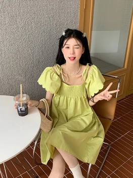 2022 Suvel Uus korea Ins Pehme Tüdruk All Puhas Soov Üks-õlg Väike Sõidavad Varruka Mannekeeni Kleit Daamid kleidid naistele